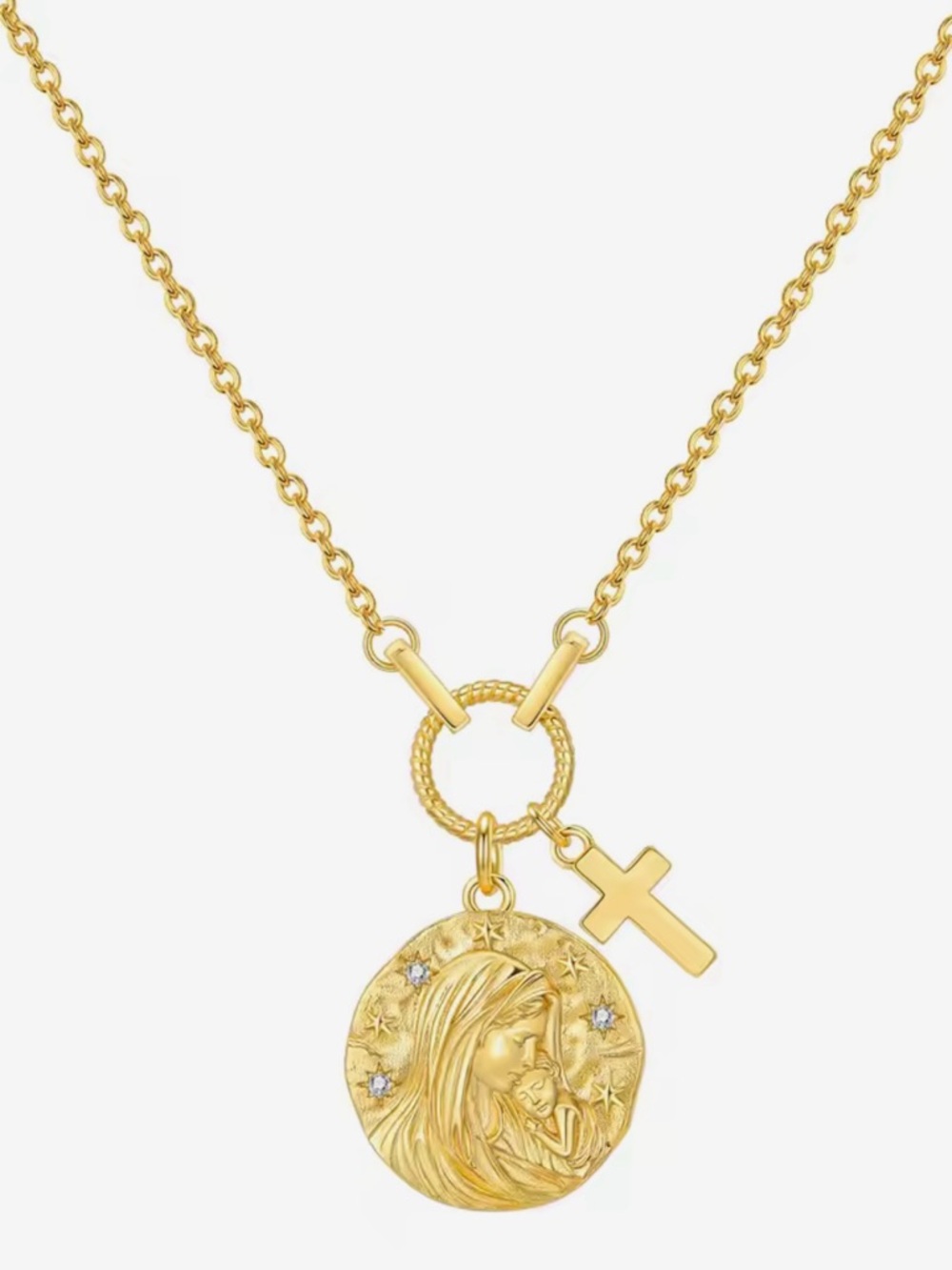 New .925 Stamped 18K Gold Mary & Jesus Necklace